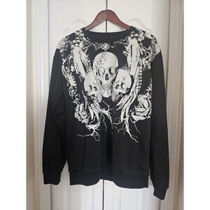 Romwe Men's Black Long Sleeve  Sweater  Bones Goth Alt Halloween Size Large